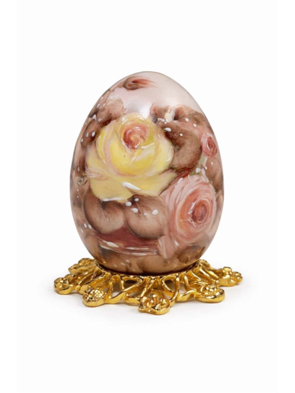 1995 E Hommel Hand Painted Porcelain Floral Egg Signed w Gold Stand 3”